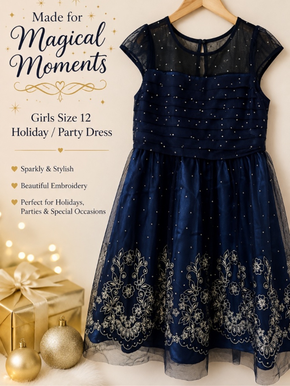 Jona Michelle Girls Size 12 Navy Blue Silver Embroidered Holiday Party Dress